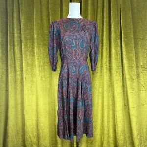Vintage 1970s Paisley Long Sleeve Midi Dress Size medium